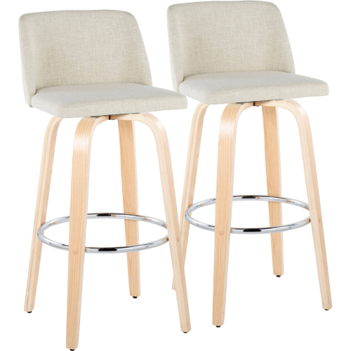 Toriano 30" Swivel Bar Stool in Natural Wood & Cream Fabric with Chrome Footrest (Set of 2)